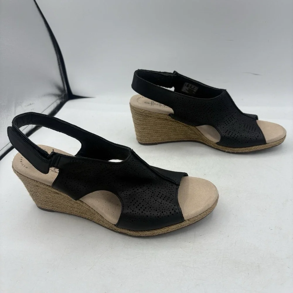 Clarks Sandals Womens Size 8.5 M Lafley Rosen Black Wedge Espadrille